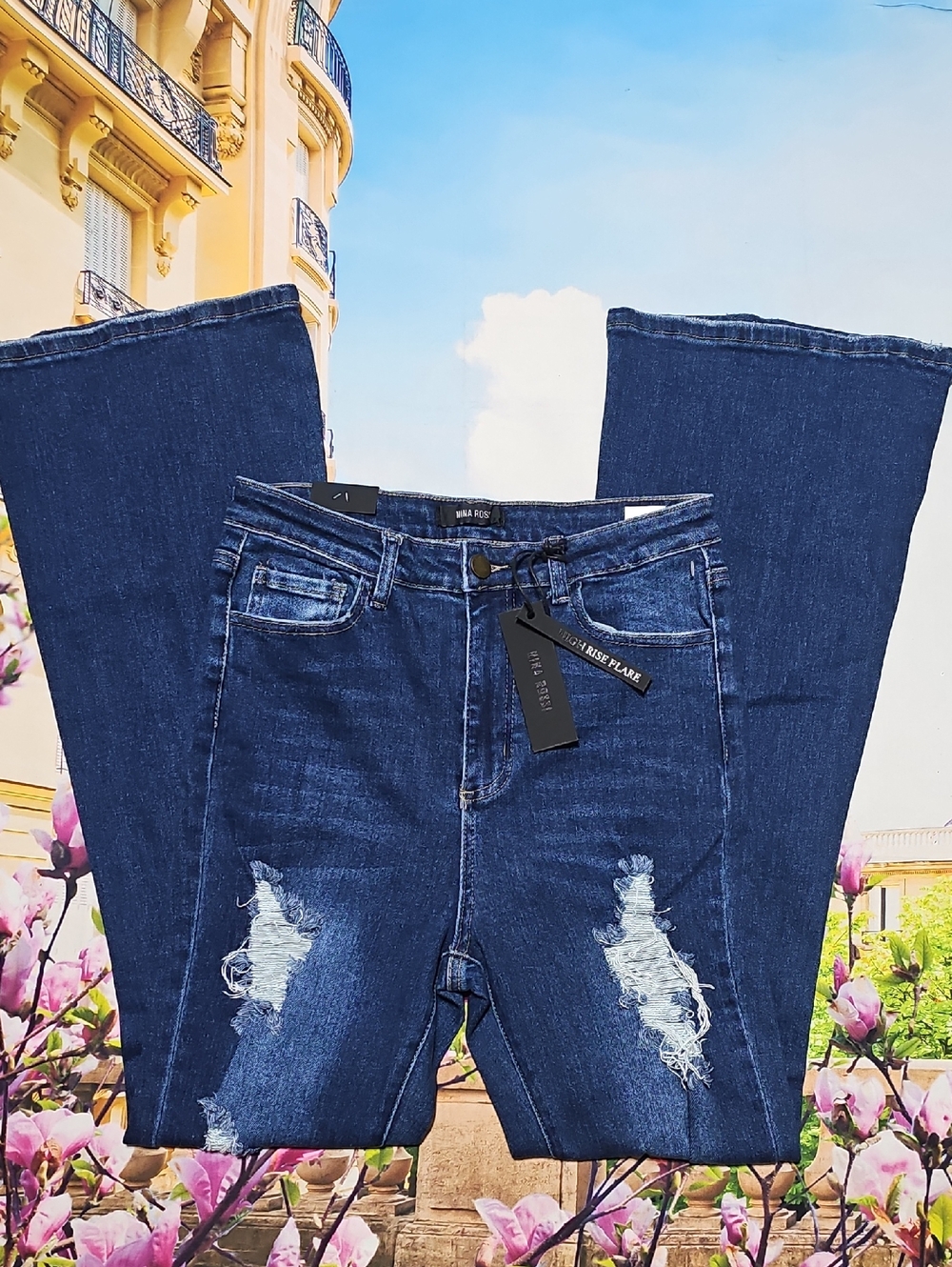 Nina‎ Rossi Distressed High Rise Flare Jeans Size 9 New